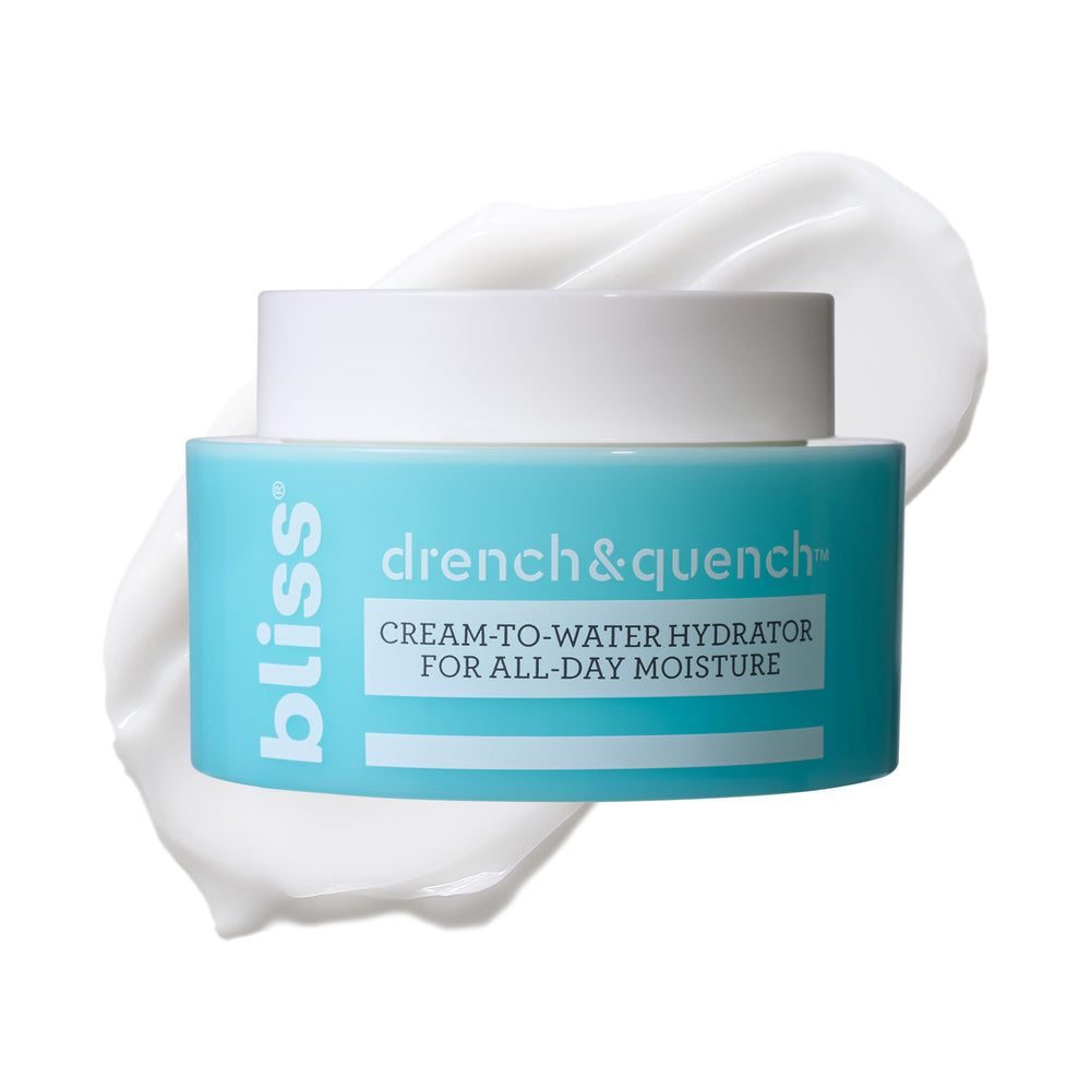 Bliss Drench & Quench bottle front showing instant hydration and refreshing feel.