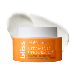 Bliss Vitamin C Tri-Peptide Brightening Moisturizer bottle promotes hydration and radiance.