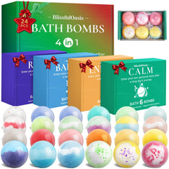 BlissfulOasis bath bombs set, 24 pieces, in gift boxes for celebrations.