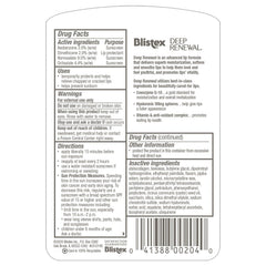 Blistex Deep Renewal lip balm close up shows hyaluronic spheres and CoQ-10 for nourished lips outdoors.