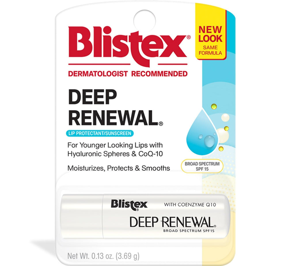 Blistex Deep Renewal lip balm pack-4 closeup offers SPF 15 protection and deep hydration.
