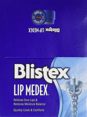 Blistex Lip Medex balm label highlights petrolatum and beeswax ingredients.