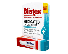 Blistex Lip Ointment label closeup highlights four-medication formula and branding.