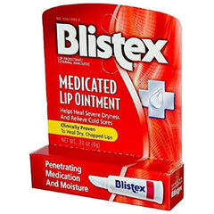 Blistex Medicated Lip Ointment bottle showing moisturizing formula for dry lips