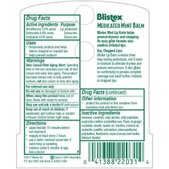 Blistex Medicated Mint Balm SPF 15 tube closeup showing cooling mint sensation for lip comfort.