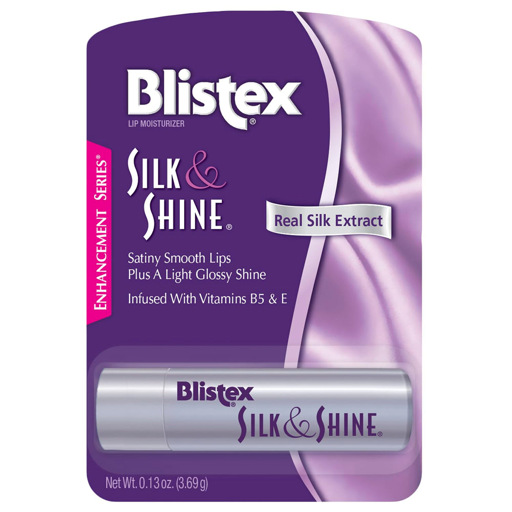 Blistex Silk & Shine lip balm multipack in view, for satiny smooth lips and light gloss.