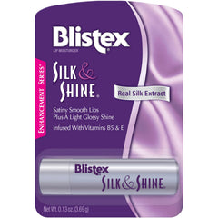 Blistex Silk & Shine lip balm packaging highlights hydration and satin-smooth lips.