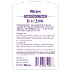 Blistex Silk & Shine with silk extracts emphasizes smoothing texture on lips.