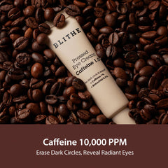 BLITHE caffeine eye serum dropper being used for under-eye hydration