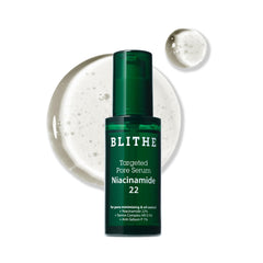 BLITHE Targeted Pore Serum bottle showing 22% niacinamide for even tone and refined pores.