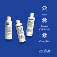 Blu Atlas bottle featuring bergamot-sage-patchouli scent profile for a masculine aroma.