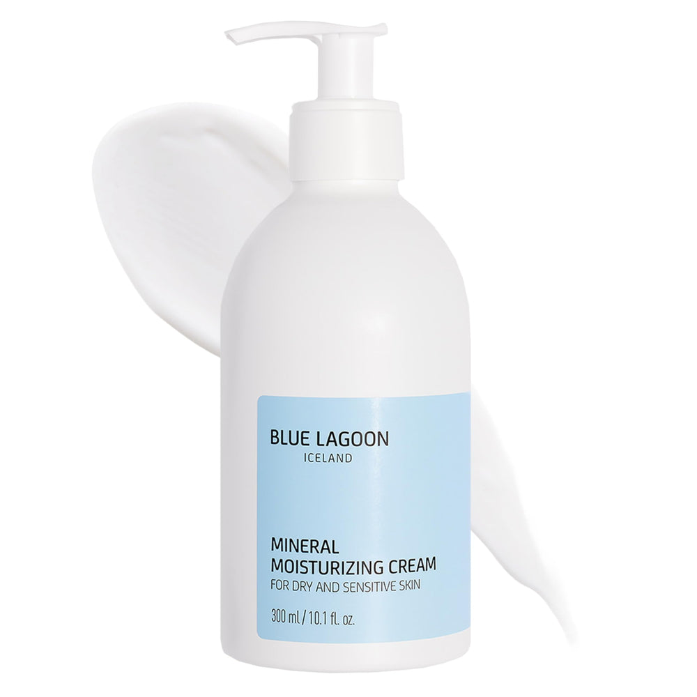 Blue Lagoon Mineral Moisturizing Cream bottle highlighting lightweight hydration for dry skin.