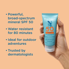 Blue Lizard label on bottle highlights reef-safe, fragrance-free sunscreen for athletes.