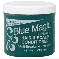 Blue Magic Bergamot conditioner jar back, showing easy-open lid and quick-use tips.