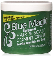Blue Magic Bergamot hair conditioner jar front view, ready for smooth detangle and shine.