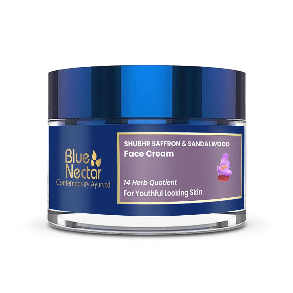 Blue Nectar Kumkumadi application on skin delivers hydration and a refreshed appearance.