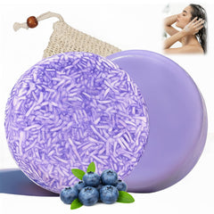 Blueberry Fields shampoo bar foam on scalp, cleansing and refreshing the hair.