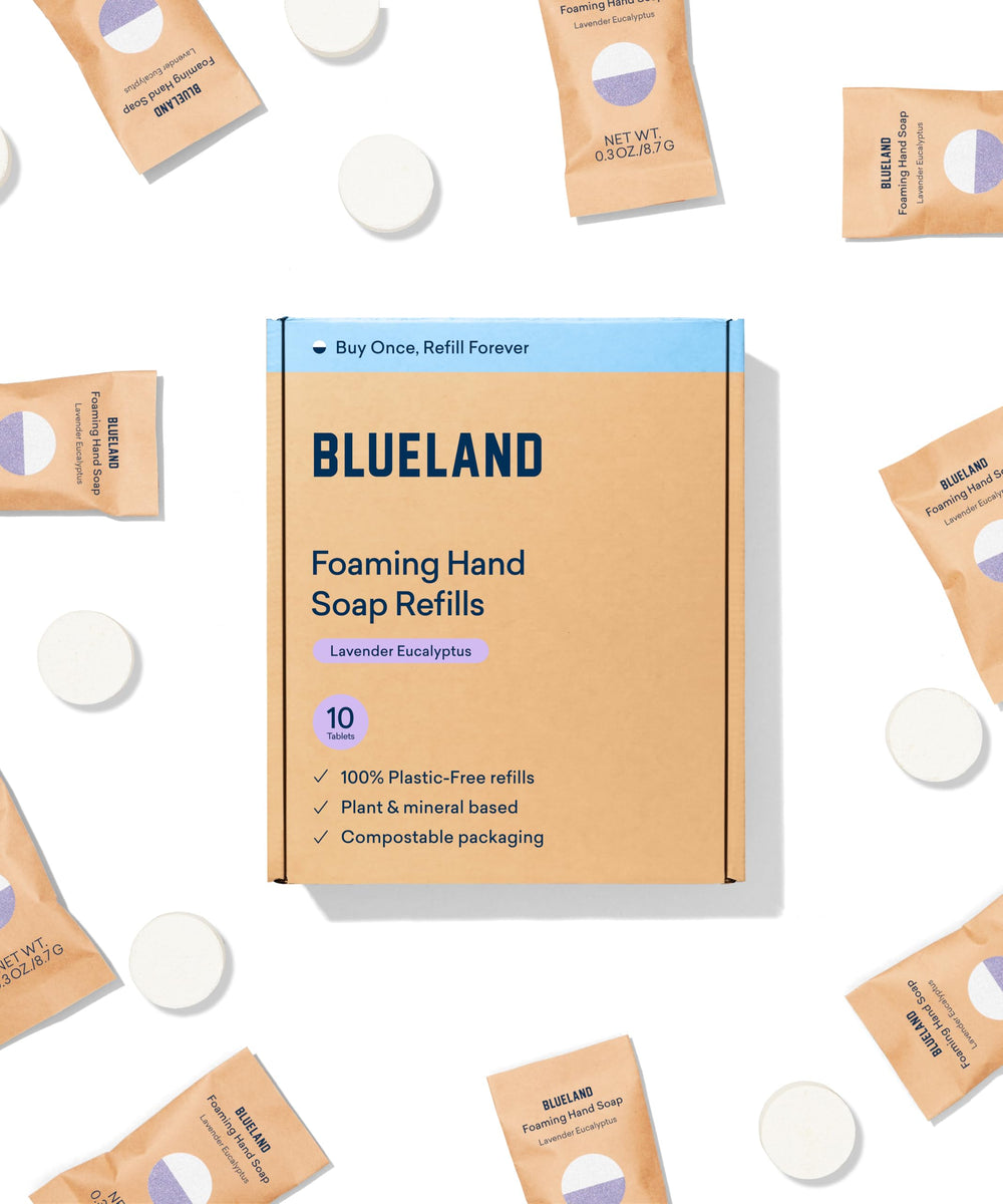BLUELAND refill tablet dissolving to create foaming hand soap.