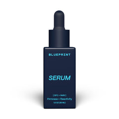 Blueprint Bryan Johnson facial serum bottle close-up showing SFC-NMN power for smoother skin