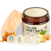 BMDYJK Organic Beef Tallow Honey Balm jar showing nourishing skin benefits.