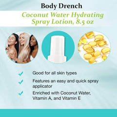 Body Drench Coconut Water Spray Lotion skin close-up reveals lightweight, non-greasy hydration.