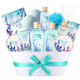 BODY & EARTH 12-piece ocean spa gift basket for at-home pampering and relaxation.