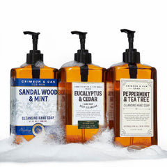 Body Prescriptions Crimson and Oak hand soap pump pack on a countertop for daily cleansing