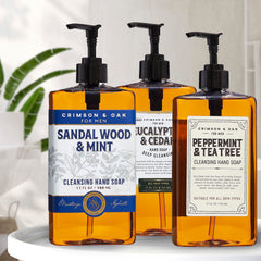 Body Prescriptions Crimson and Oak sandalwood mint hand soap bottle featuring calming aroma