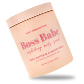 Body Prescriptions exfoliating scrub jar front with Boss Babe label for a pampering cleanse