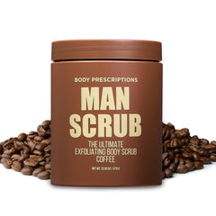 Body Prescriptions Mens Exfoliating Scrub in a bathroom setting on shelf.