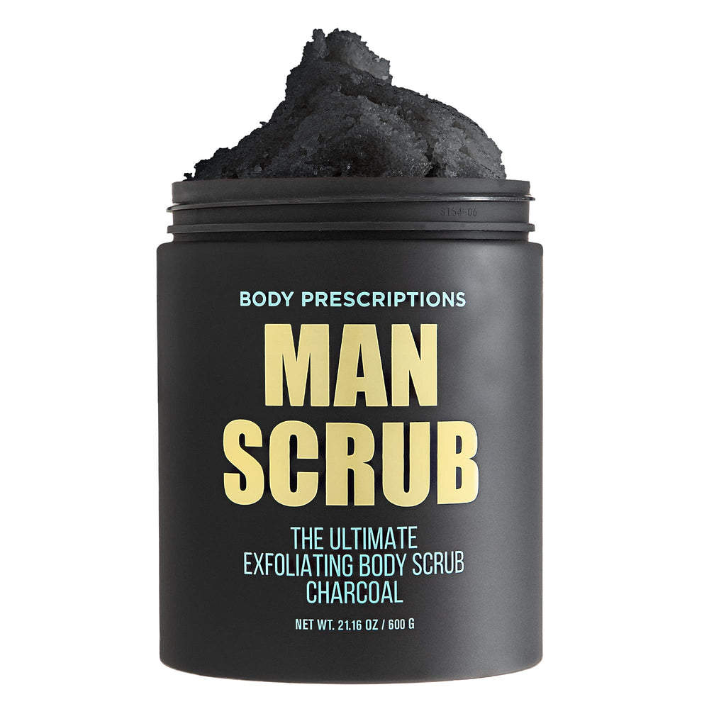 Body Prescriptions Men’s Exfoliating Scrub front view of charcoal jar for daily body cleansing