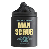 Body Prescriptions Men’s Exfoliating Scrub front view of charcoal jar for daily body cleansing