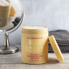 Body Prescriptions Men's Exfoliating Scrub in shower bottle demonstrates full-body cleansing for nourished skin