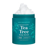 Body Prescriptions Tea Tree Scrub jar demonstrating spa-like exfoliation for smoother skin.