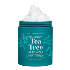Body Prescriptions Tea Tree Scrub jar demonstrating spa-like exfoliation for smoother skin.