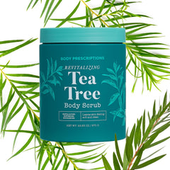 Close-up of Body Prescriptions Tea Tree Scrub texture showing gritty exfoliation for renewal.