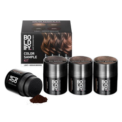 Boldify Hair Fibers Color Sample Kit packaging front aids quick shade preview.