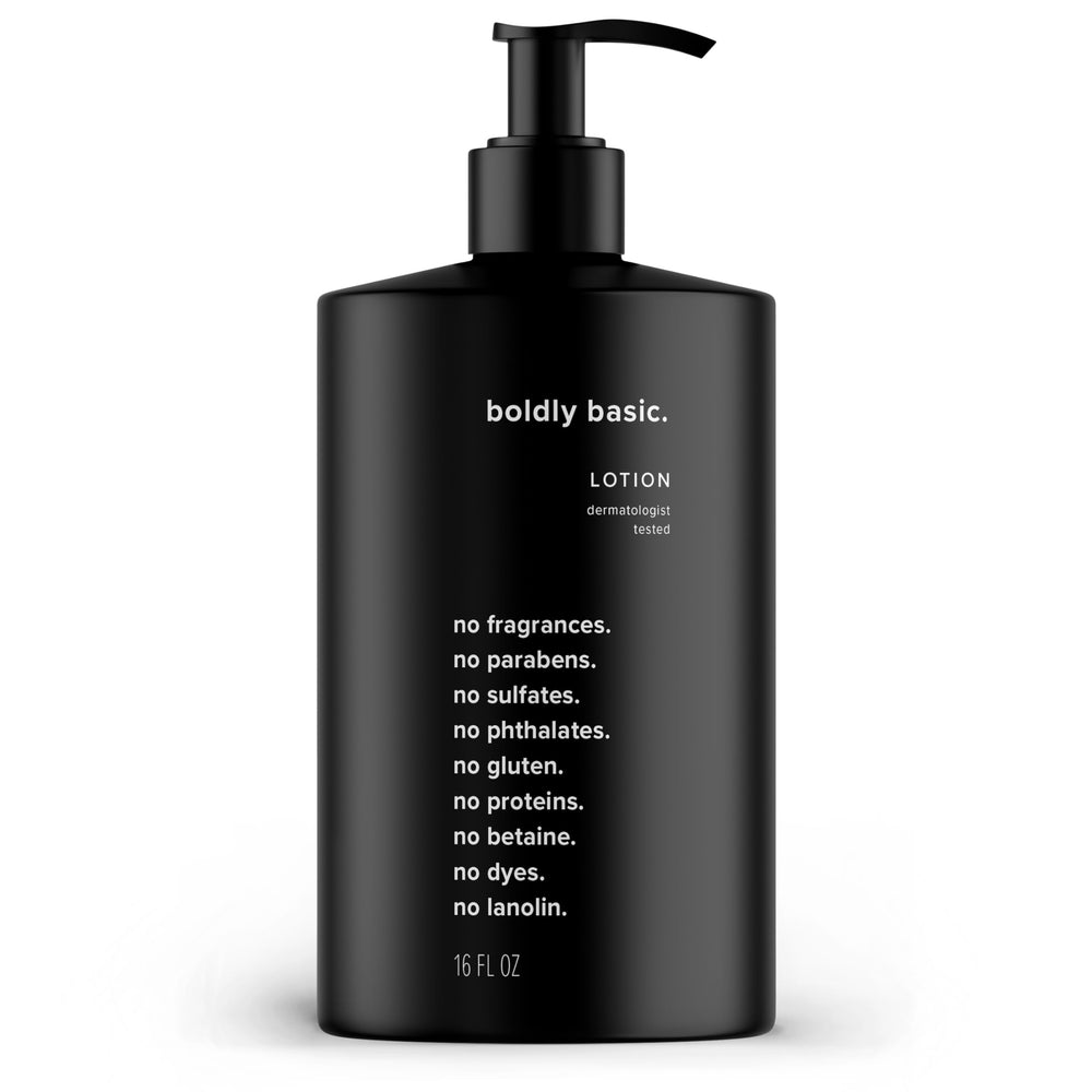 Boldly Basic Fragrance Free Lotion jar close-up shows gentle, fragrance-free hydration.
