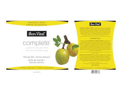 Bon Vital' Complete Massage Creme unscented label highlights fragrance-free formula for sensitive skin.