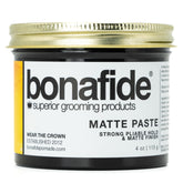Bona Fide Pomade Matte Paste bottle shows strong hold and easy washout