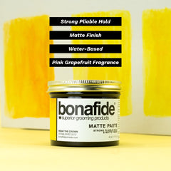 Bona Fide Pomade Matte Paste jar demonstrates matte finish for textured styles