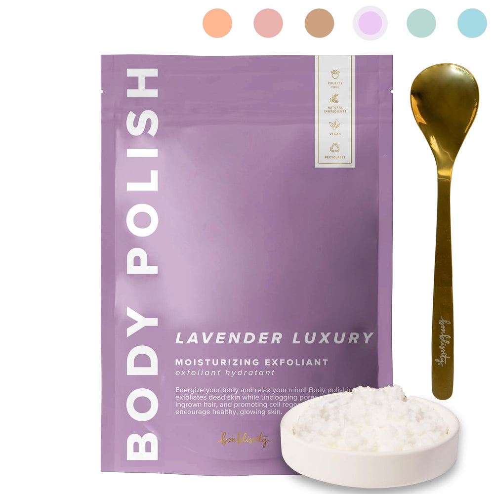 Bonblissity Lavender Body Polish jar close-up showing creamy texture for smooth skin