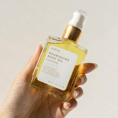 Bonblissity Nourishing Body Oil vanilla long-lasting hydration for elbows and knees.
