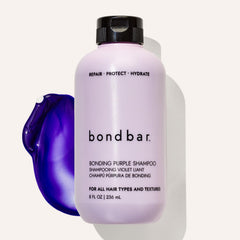 Bondbar Purple Brightening Shampoo close-up ingredients highlights purple pigment.