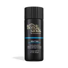 Bondi Sands Self Tan Drying Powder bottle pour demonstrates quick-dry action to reduce transfer.