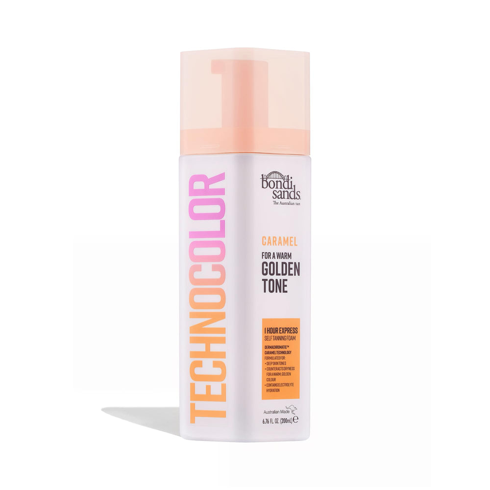 Bondi Sands Technocolor Caramel foam bottle with yellow-golden guide for warm glow