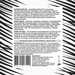 BondiBoost Elixir Hair Oil application close-up shows nourishing action on dry hair.