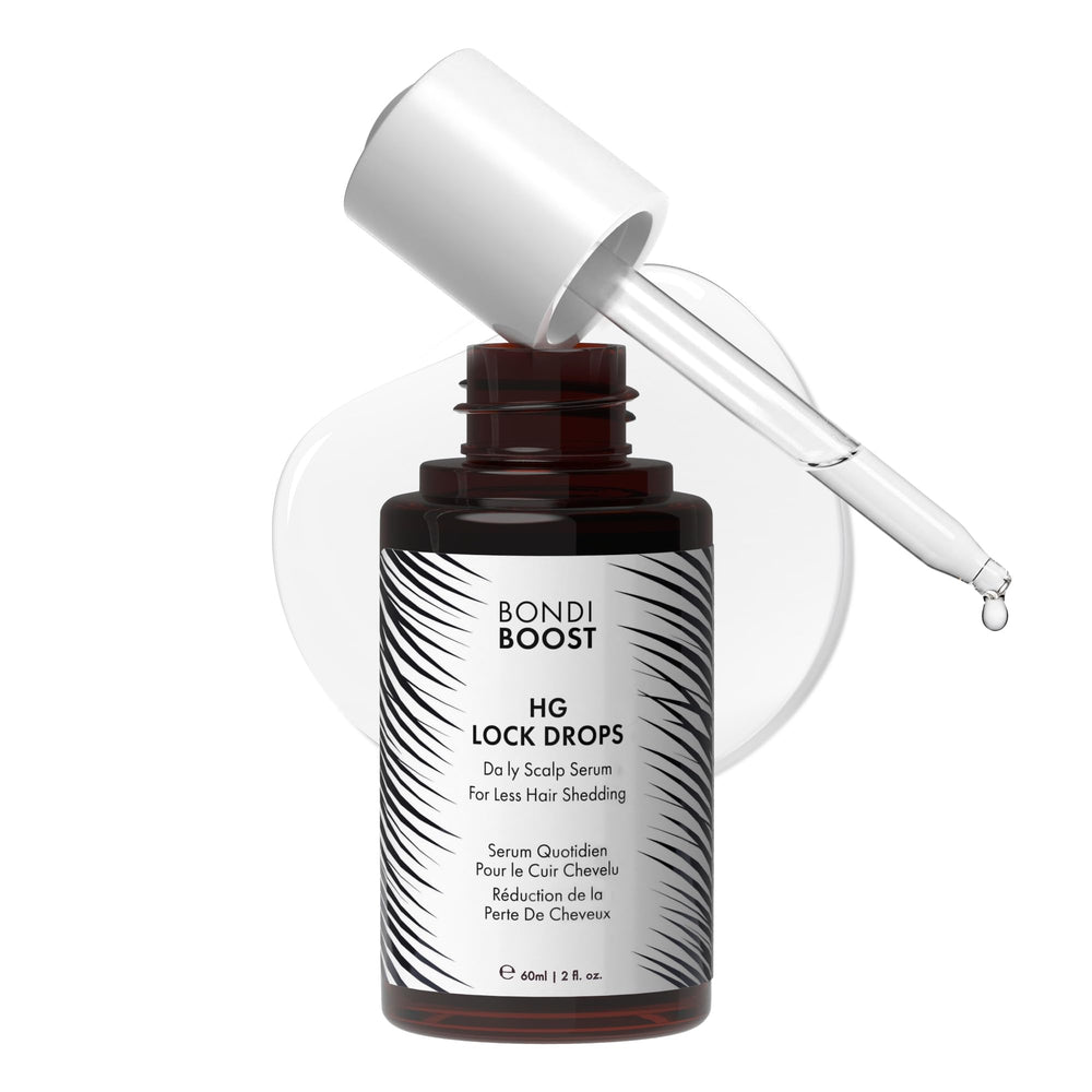 BondiBoost HG Lock Drops bottle showing lightweight scalp care benefits
