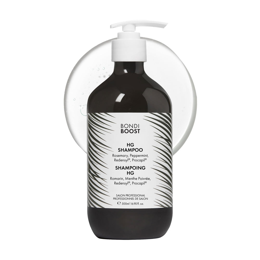 BondiBoost HG shampoo bottle shows sulfate-free formula for fuller-looking hair.