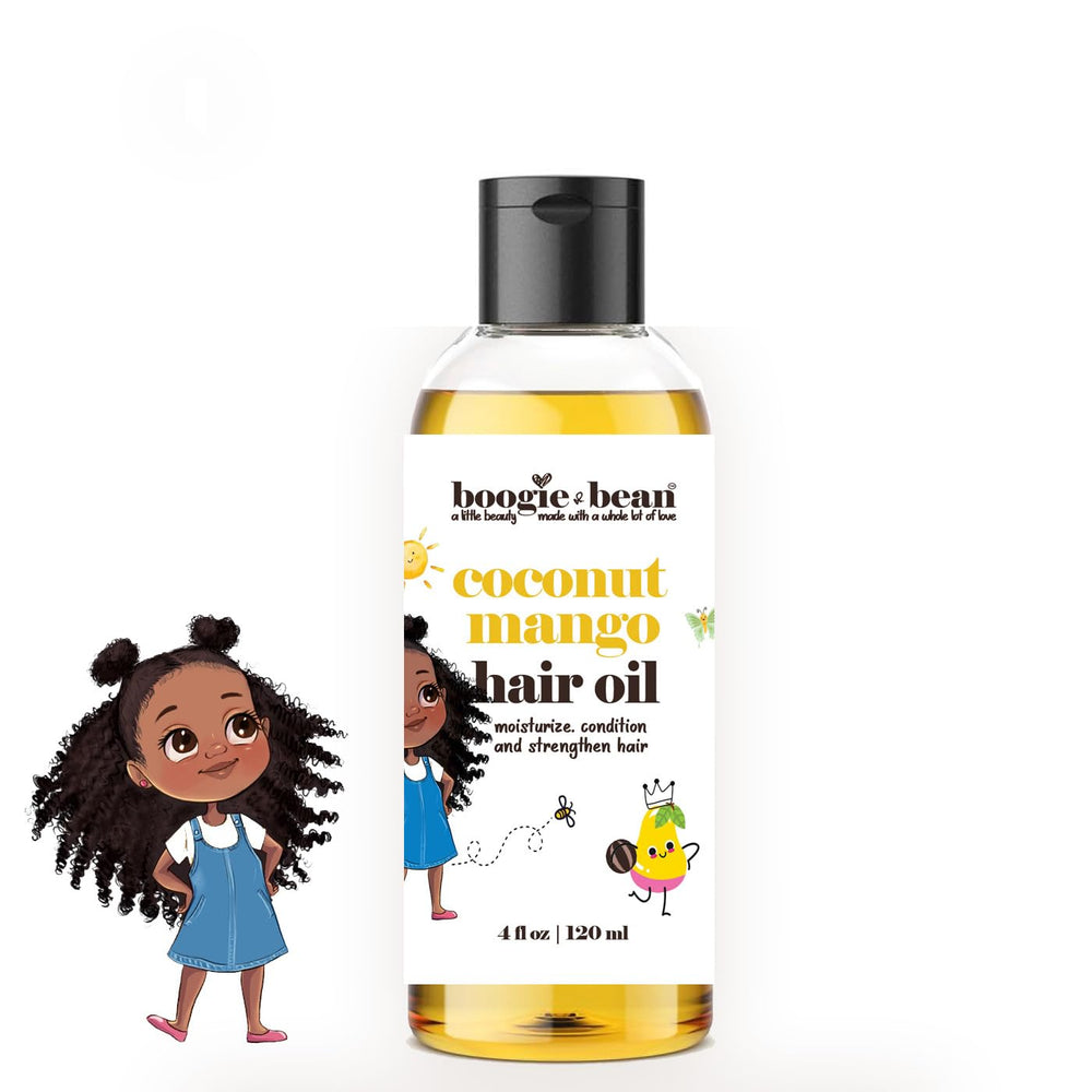 Boogie and Bean Kids Hair Oil bottle closeup showing gentle curl nourishment.